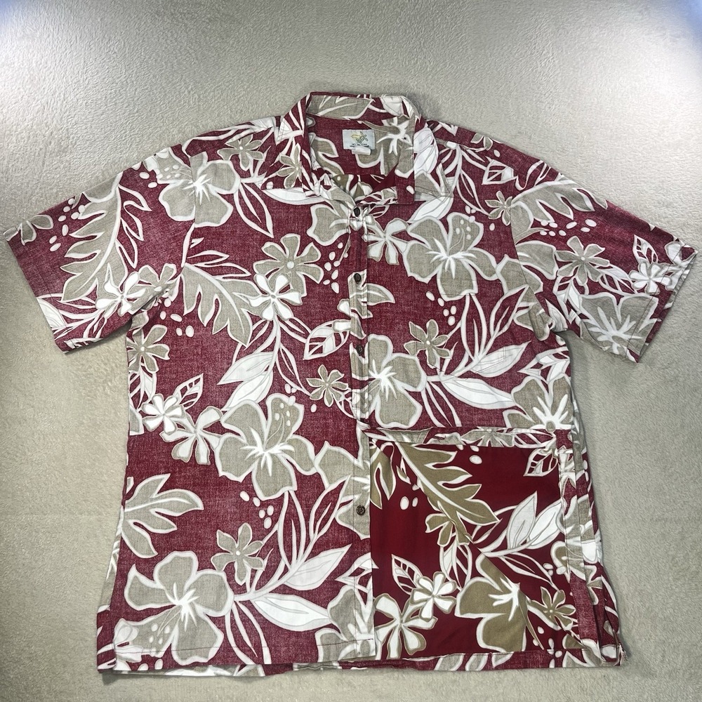 Ho Aloha Hawaiian Shirt 100% Cotton Made In Hawaii Red White Tan Tropical XL
